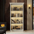 Bibliothèque Famapy Chêne Gris avec Vitrine en Verre et Bande Lumineuse LED, Étagère Haute avec Portes, Vitrine de Rangement