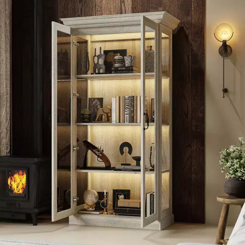 Bibliothèque Famapy Chêne Gris avec Vitrine en Verre et Bande Lumineuse LED, Étagère Haute avec Portes, Vitrine de Rangement