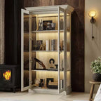 Bibliothèque Famapy Chêne Gris avec Vitrine en Verre et Bande Lumineuse LED, Étagère Haute avec Portes, Vitrine de Rangement