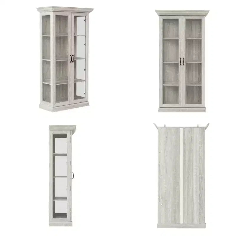 Bibliothèque Famapy Chêne Gris avec Vitrine en Verre et Bande Lumineuse LED, Étagère Haute avec Portes, Vitrine de Rangement