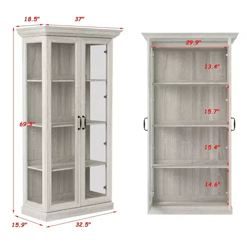 Bibliothèque Famapy Chêne Gris avec Vitrine en Verre et Bande Lumineuse LED, Étagère Haute avec Portes, Vitrine de Rangement