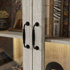 Bibliothèque Famapy Chêne Gris avec Vitrine en Verre et Bande Lumineuse LED, Étagère Haute avec Portes, Vitrine de Rangement