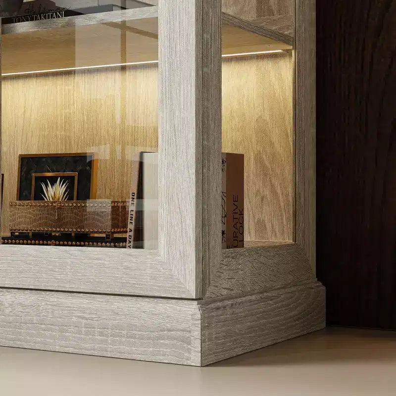 Bibliothèque Famapy Chêne Gris avec Vitrine en Verre et Bande Lumineuse LED, Étagère Haute avec Portes, Vitrine de Rangement