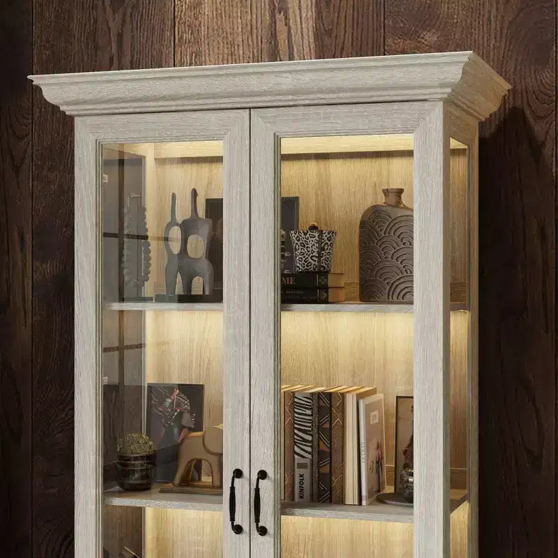 Bibliothèque Famapy Chêne Gris avec Vitrine en Verre et Bande Lumineuse LED, Étagère Haute avec Portes, Vitrine de Rangement
