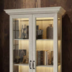 Bibliothèque Famapy Chêne Gris avec Vitrine en Verre et Bande Lumineuse LED, Étagère Haute avec Portes, Vitrine de Rangement
