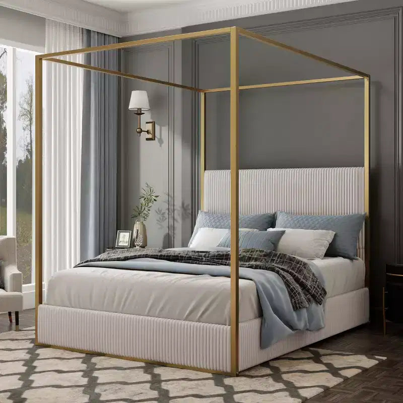 Lit à baldaquin Queen/King Size avec Cadre de Lit en Métal à 4 Montants et Tête de Lit Haute Rembourrée en Velours Côtelé, Beige+Or/Noir+Blanc-ModernLuxe