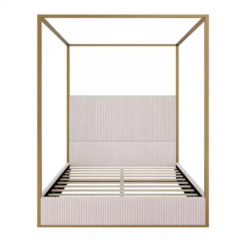 Lit à baldaquin Queen/King Size avec Cadre de Lit en Métal à 4 Montants et Tête de Lit Haute Rembourrée en Velours Côtelé, Beige+Or/Noir+Blanc-ModernLuxe