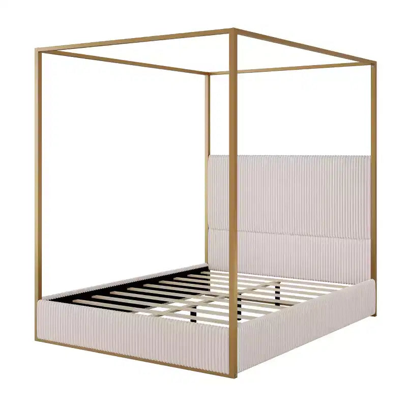 Lit à baldaquin Queen/King Size avec Cadre de Lit en Métal à 4 Montants et Tête de Lit Haute Rembourrée en Velours Côtelé, Beige+Or/Noir+Blanc-ModernLuxe