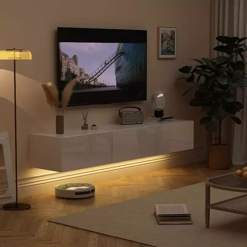 Meuble TV Mural Famapy - Élégance Moderne Blanche et Brillance Fonctionnelle pour Votre Espace de Divertissement