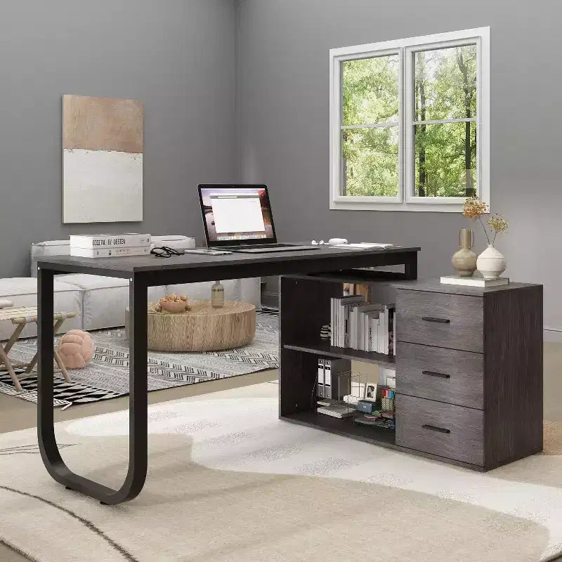 Bureau individuel Famapy : poste de travail modulaire avec organisateur à 3 tiroirs, étagère ouverte et rangement réglable - bureau d'ordinateur pour la maison