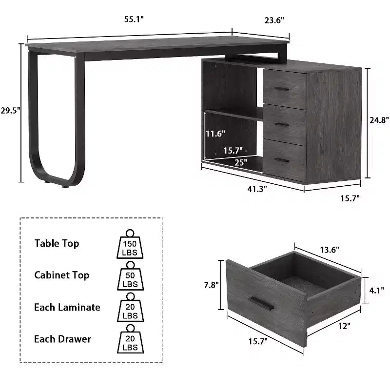 Bureau individuel Famapy : poste de travail modulaire avec organisateur à 3 tiroirs, étagère ouverte et rangement réglable - bureau d'ordinateur pour la maison