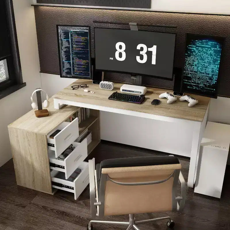 Bureau individuel Famapy : poste de travail modulaire avec organisateur à 3 tiroirs, étagère ouverte et rangement réglable - bureau d'ordinateur pour la maison