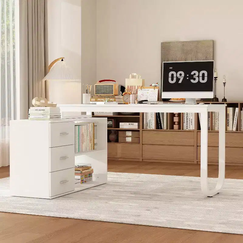 Bureau individuel Famapy : poste de travail modulaire avec organisateur à 3 tiroirs, étagère ouverte et rangement réglable - bureau d'ordinateur pour la maison