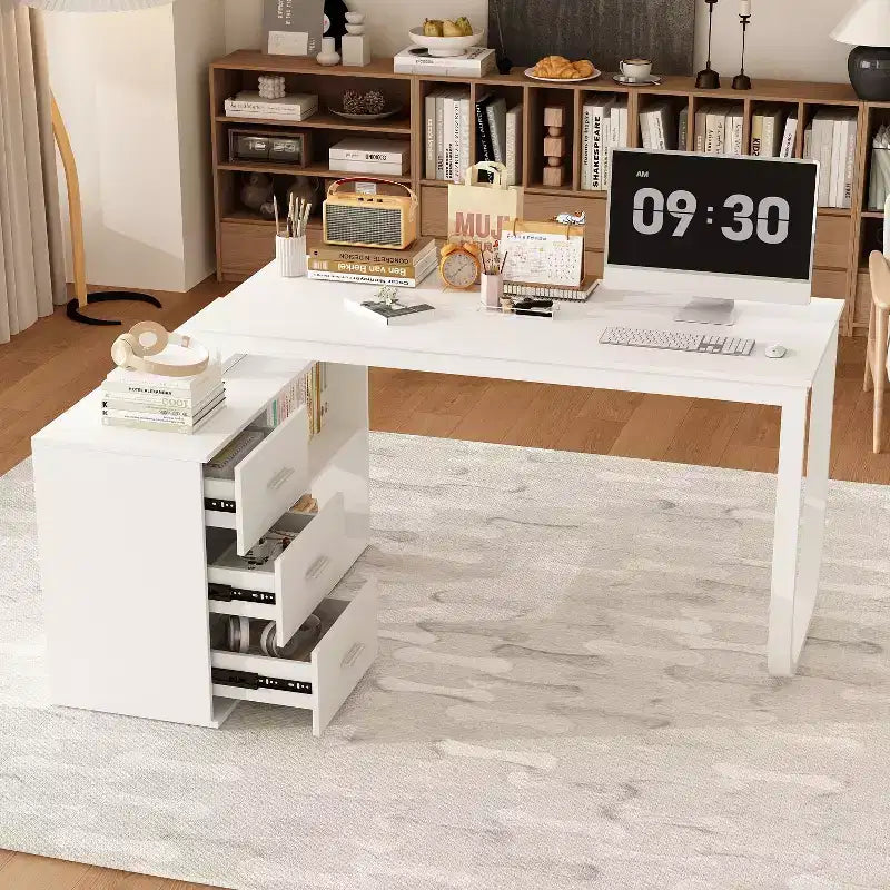 Bureau individuel Famapy : poste de travail modulaire avec organisateur à 3 tiroirs, étagère ouverte et rangement réglable - bureau d'ordinateur pour la maison