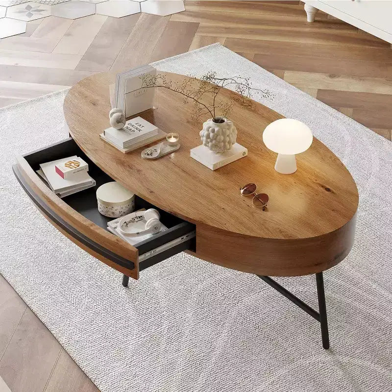 Table basse ovale Acekool avec tiroir, table de rangement en bois 120 cm avec pieds en métal croisés, table basse de style moderne du milieu du siècle en saule naturel et doré