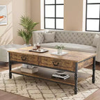Table basse rectangulaire Acekool 41 avec tiroirs, table basse de rangement rustique marron de style Mid-Century avec pieds en métal pour salon et bureau