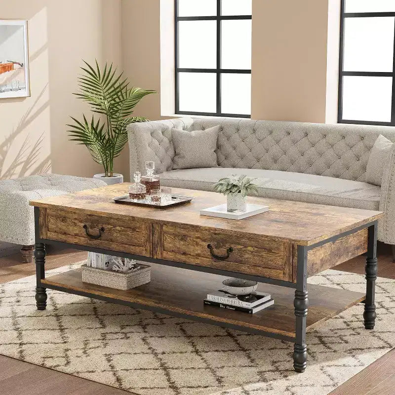 Table basse rectangulaire Acekool 41 avec tiroirs, table basse de rangement rustique marron de style Mid-Century avec pieds en métal pour salon et bureau