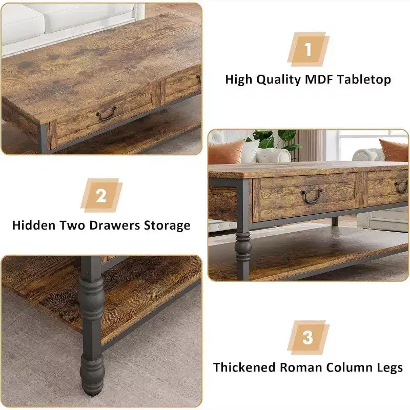 Table basse rectangulaire Acekool 41 avec tiroirs, table basse de rangement rustique marron de style Mid-Century avec pieds en métal pour salon et bureau