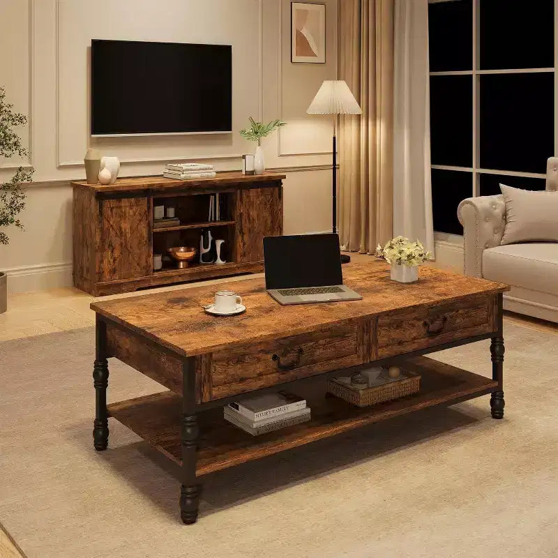 Table basse rectangulaire Acekool 41 avec tiroirs, table basse de rangement rustique marron de style Mid-Century avec pieds en métal pour salon et bureau