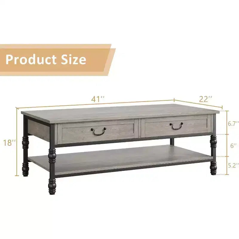 Table basse rectangulaire Acekool 41 avec tiroirs, table basse de rangement rustique marron de style Mid-Century avec pieds en métal pour salon et bureau