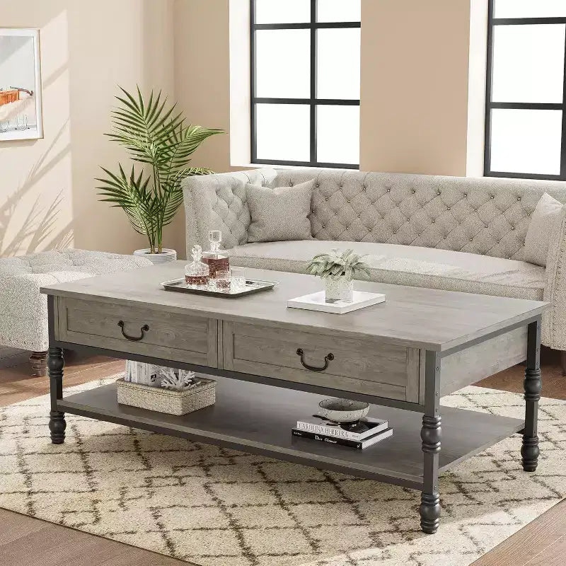 Table basse rectangulaire Acekool 41 avec tiroirs, table basse de rangement rustique marron de style Mid-Century avec pieds en métal pour salon et bureau