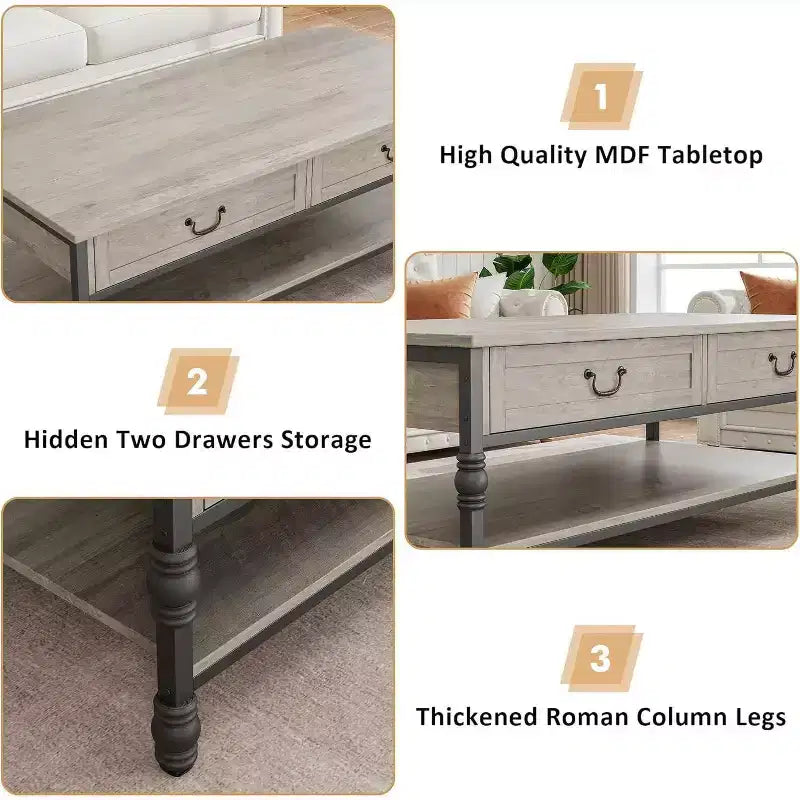 Table basse rectangulaire Acekool 41 avec tiroirs, table basse de rangement rustique marron de style Mid-Century avec pieds en métal pour salon et bureau