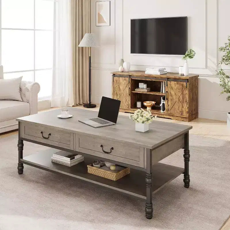 Table basse rectangulaire Acekool 41 avec tiroirs, table basse de rangement rustique marron de style Mid-Century avec pieds en métal pour salon et bureau