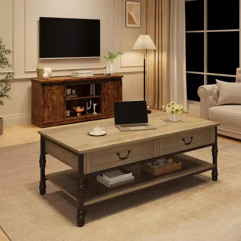 Table basse rectangulaire Acekool 41 avec tiroirs, table basse de rangement rustique marron de style Mid-Century avec pieds en métal pour salon et bureau