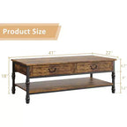 Table basse rectangulaire Acekool 41 avec tiroirs, table basse de rangement rustique marron de style Mid-Century avec pieds en métal pour salon et bureau