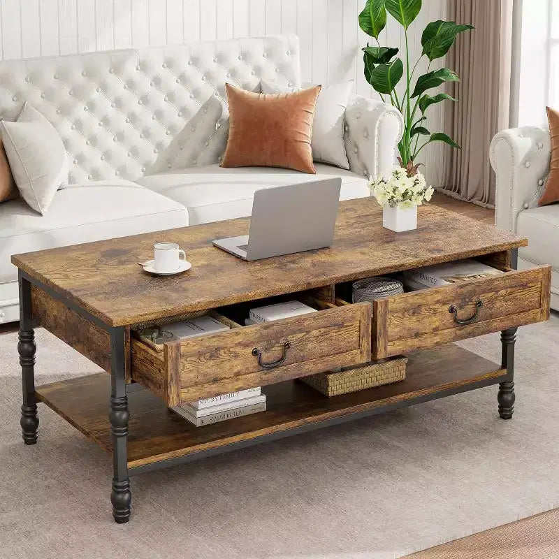 Table basse rectangulaire Acekool 41 avec tiroirs, table basse de rangement rustique marron de style Mid-Century avec pieds en métal pour salon et bureau