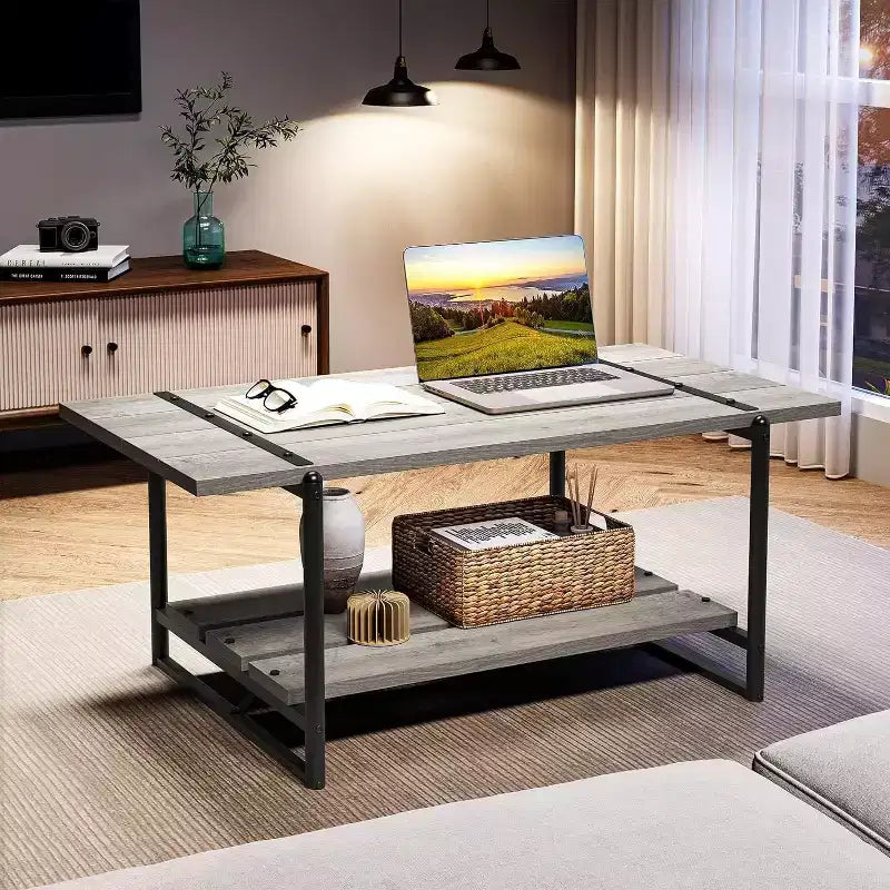 Table basse à 2 niveaux Acekool avec étagère de rangement, table de centre en bois et métal style ferme industriel pour salon, bureau