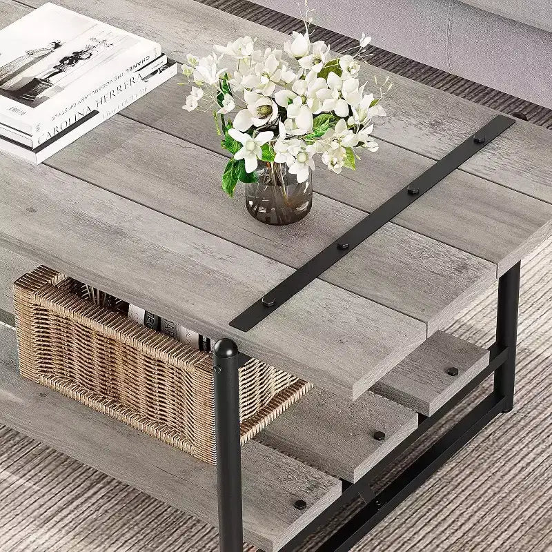 Table basse à 2 niveaux Acekool avec étagère de rangement, table de centre en bois et métal style ferme industriel pour salon, bureau