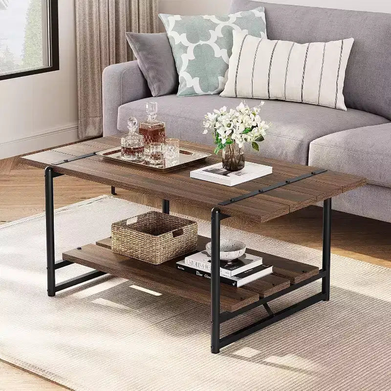 Table basse à 2 niveaux Acekool avec étagère de rangement, table de centre en bois et métal style ferme industriel pour salon, bureau