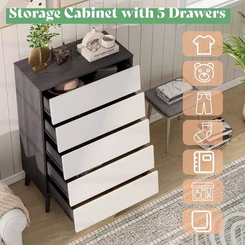 Commode à 5 tiroirs de style Mid-Century, chiffonnier haut en bois à 5 tiroirs pour rangement