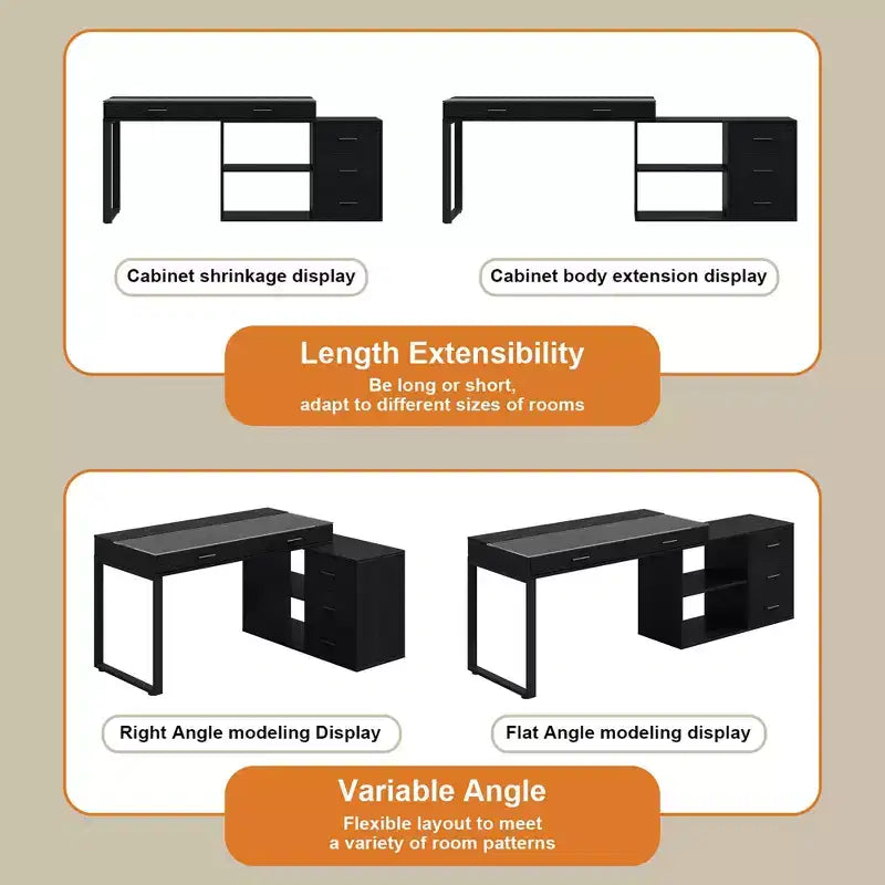 Bureau d'angle noir Famapy avec plateau en verre, bureau réversible, table d'ordinateur.
