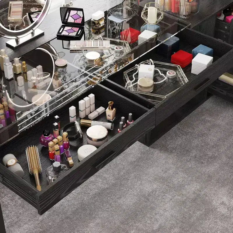 Bureau d'angle noir Famapy avec plateau en verre, bureau réversible, table d'ordinateur.