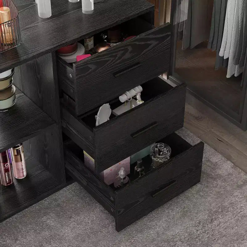 Bureau d'angle noir Famapy avec plateau en verre, bureau réversible, table d'ordinateur.
