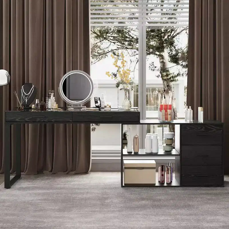 Bureau d'angle noir Famapy avec plateau en verre, bureau réversible, table d'ordinateur.