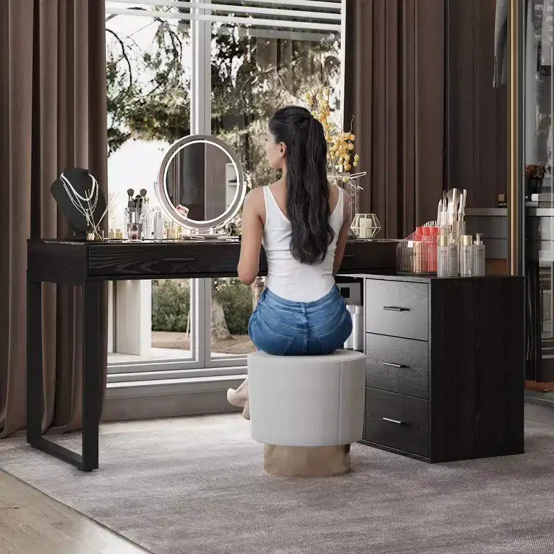 Bureau d'angle noir Famapy avec plateau en verre, bureau réversible, table d'ordinateur.