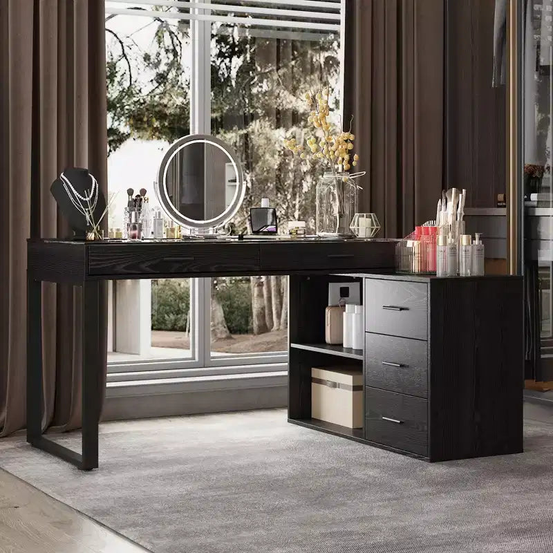 Bureau d'angle noir Famapy avec plateau en verre, bureau réversible, table d'ordinateur.
