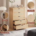 Commode en rotin avec 5 tiroirs de rangement, commode en bois moderne pour chambre à coucher, placard, salon, couloir, entrée