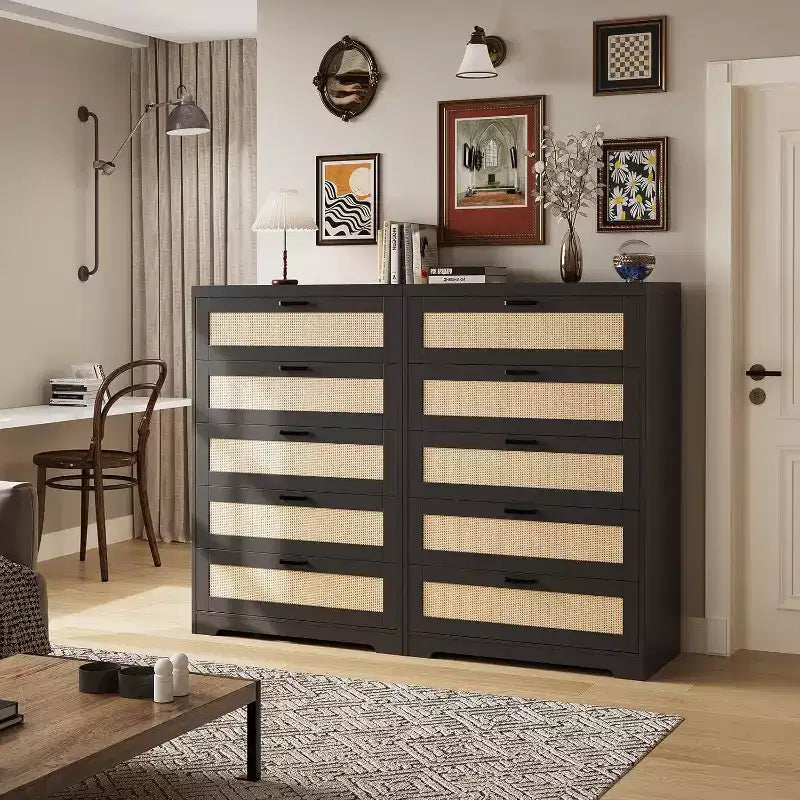 Commode en rotin avec 5 tiroirs de rangement, commode en bois moderne pour chambre à coucher, placard, salon, couloir, entrée