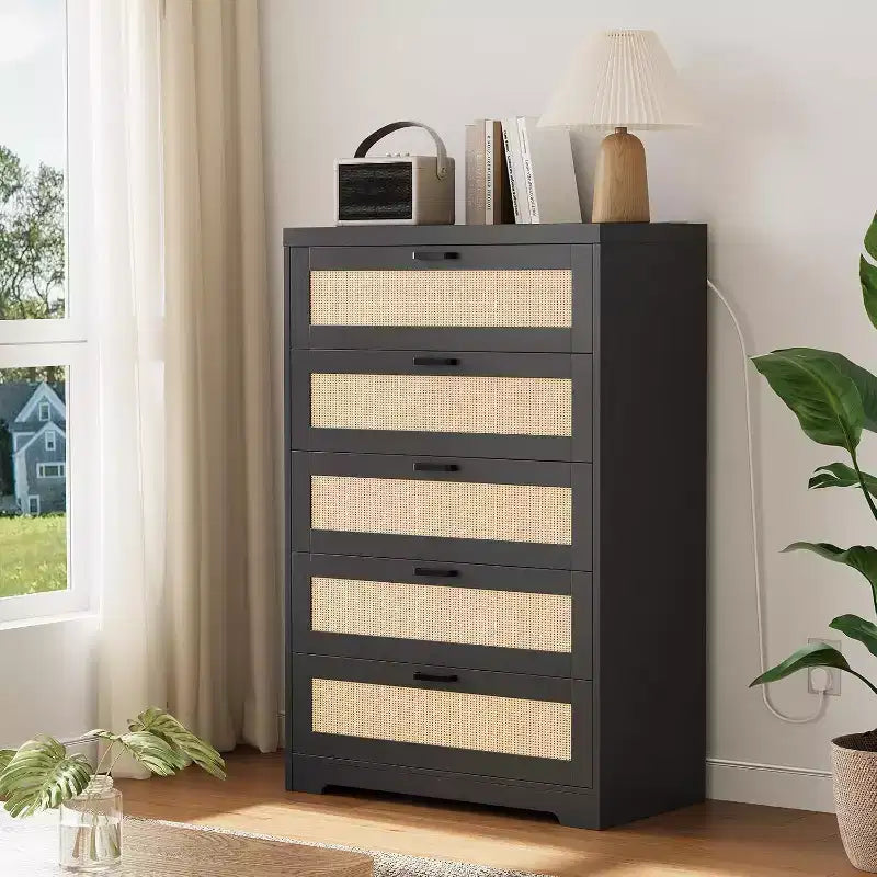 Commode en rotin avec 5 tiroirs de rangement, commode en bois moderne pour chambre à coucher, placard, salon, couloir, entrée