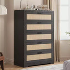 Rattan Dresser with 5 Drawer Storage, Modern Wooden Dresser for Bedroom, Closet, Living Room, Hallway, Entryway