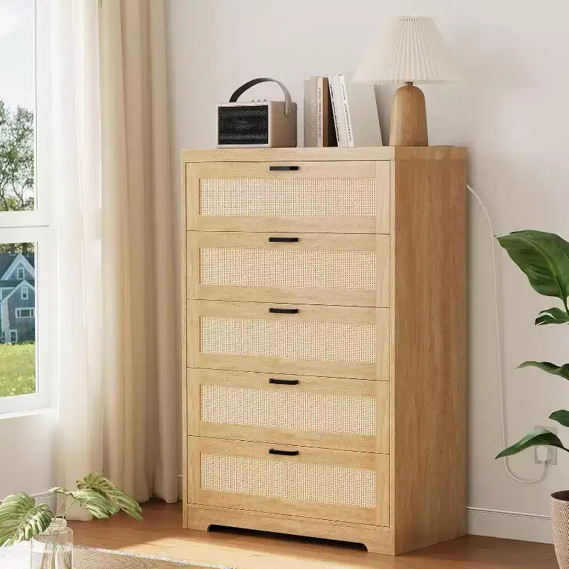 Commode en rotin avec 5 tiroirs de rangement, commode en bois moderne pour chambre à coucher, placard, salon, couloir, entrée