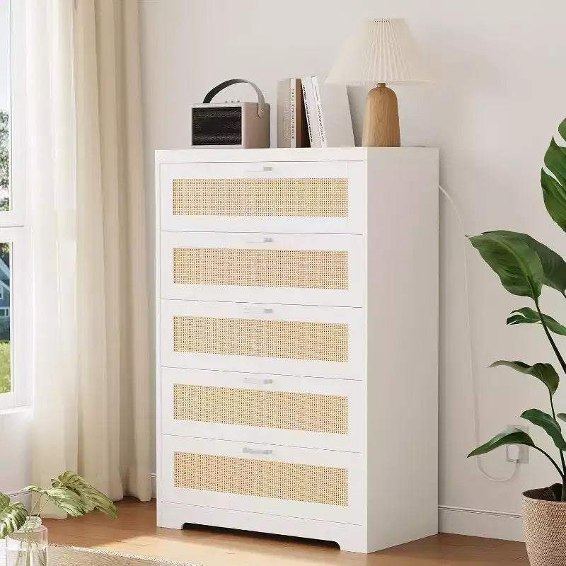 Commode en rotin avec 5 tiroirs de rangement, commode en bois moderne pour chambre à coucher, placard, salon, couloir, entrée