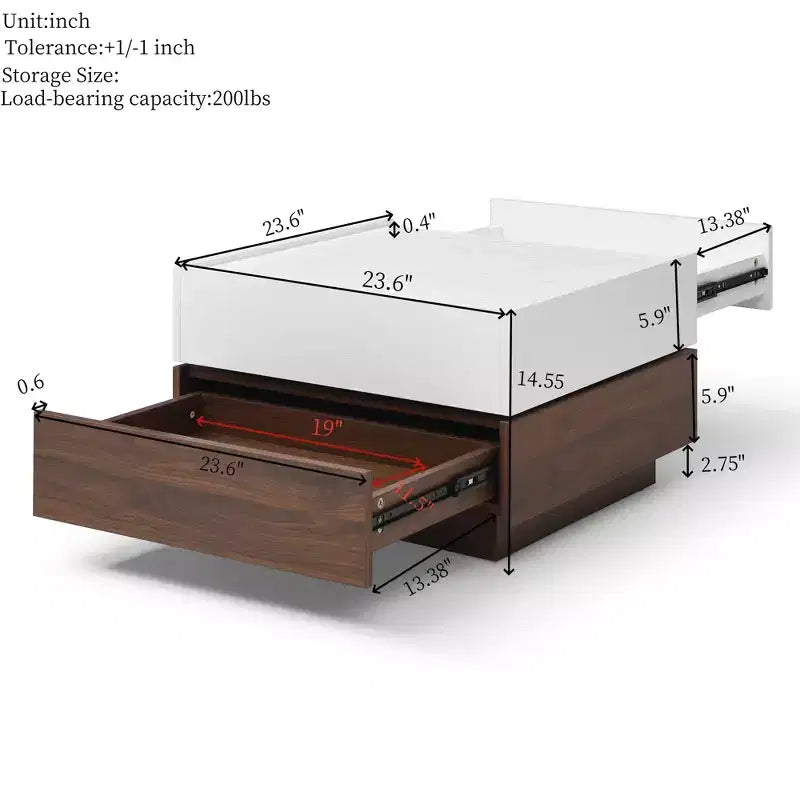 Table basse carrée GDFStudio Elliot Wood 24 avec 2 tiroirs et plateau pivotant