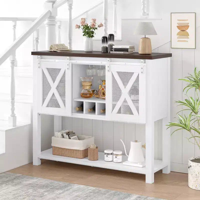 YESFASHION Buffet de ferme avec rangement, table de bar à café avec porte coulissante en maille métallique de grange, buffet de cuisine avec étagère inférieure