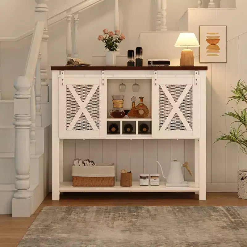 YESFASHION Buffet de ferme avec rangement, table de bar à café avec porte coulissante en maille métallique de grange, buffet de cuisine avec étagère inférieure