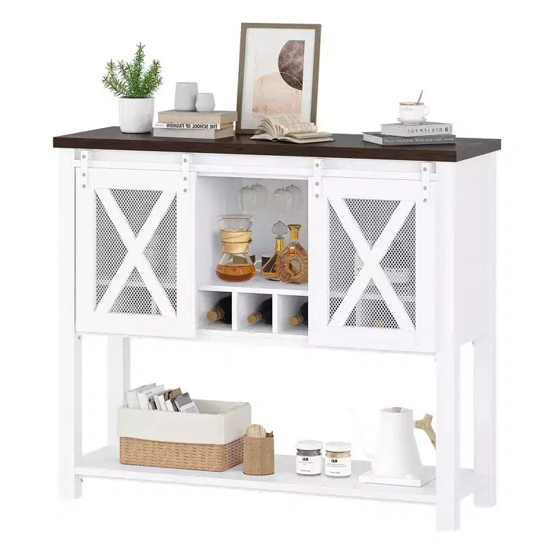 YESFASHION Buffet de ferme avec rangement, table de bar à café avec porte coulissante en maille métallique de grange, buffet de cuisine avec étagère inférieure